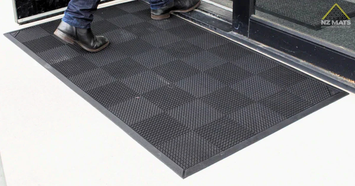 Man steps on heavy-duty anti-slip rubber entrance mat outside doorway.