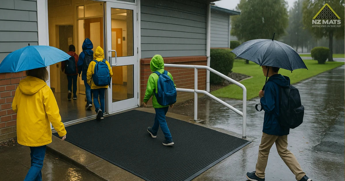 Kids entering school on rainy day using large black entrance mat.