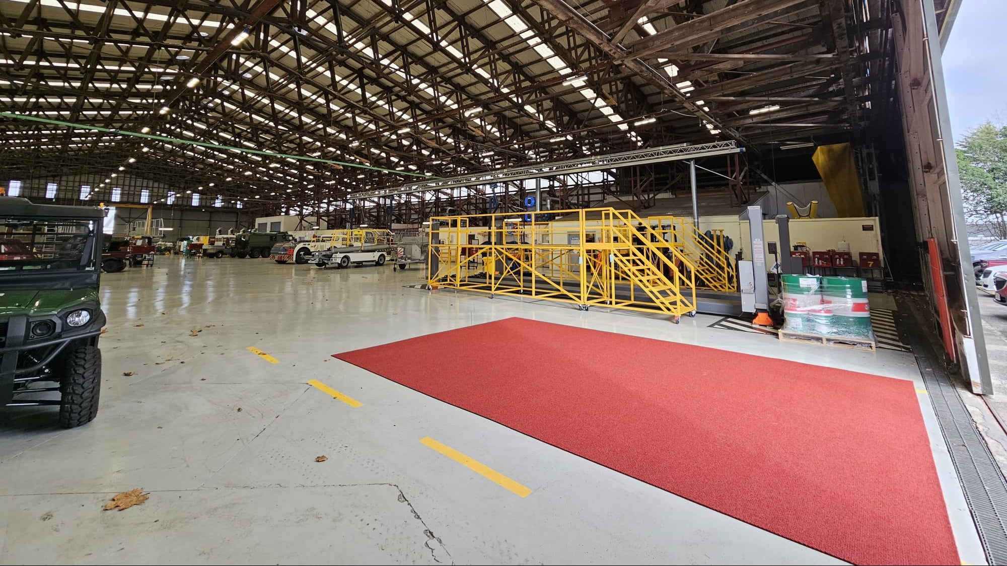 warehouse with a red entrance mat