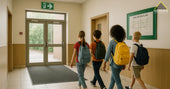 Students walking toward exit over a dark safety mat in school corridor.