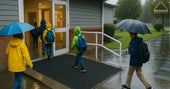 Kids entering school on rainy day using large black entrance mat.